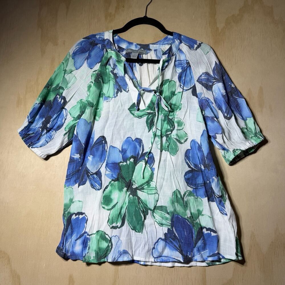 By Design Floral Blouse Women’s Medium Blue Green Tie Neck Short Sleeve Top